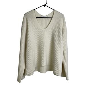 Almina Concept Sweater Womens Large Ivory Pullover V Neck Rib Knit Lambswool